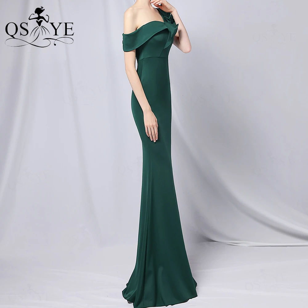 Robe de soirée de forme sirène, tenue de soirée asymétrique, épaule dénudée, manches latérales, col à volants, extensible, ajustée, émeraude