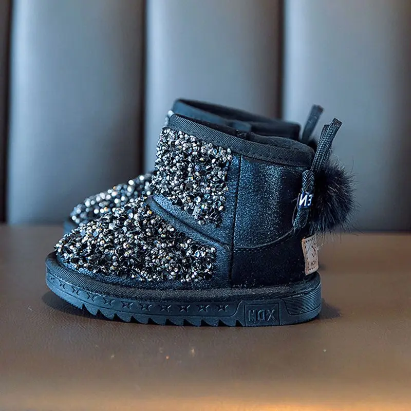 Moda novo inverno crianças sapatos princesa glitter meninas orelha de coelho anti deslizamento pé mais quente botas de tornozelo neve 1-12 anos de idade