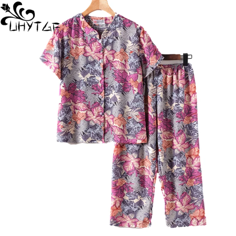 UHYTGF Middle-Aged Elderly Womens Suit Fashion Printing Casual Thin Summer Two-Piece Set Comfortable 3XL Big Size Tracksuit 1378