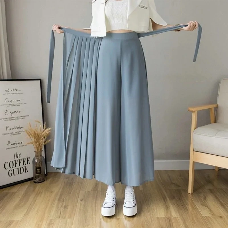 

2021 Spring Summer New Style Korean Women Pleated Chiffon Trousers High Waist Pants Hakama Casual Wide Leg Pantalones