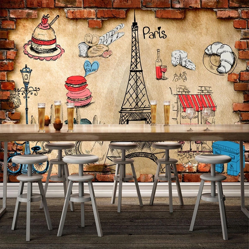 Custom Mural Wallpaper European Style 3D Stereo Brick Wall Food Graffiti Fresco Bread And Cake Shop Background Wall Decor Tapety