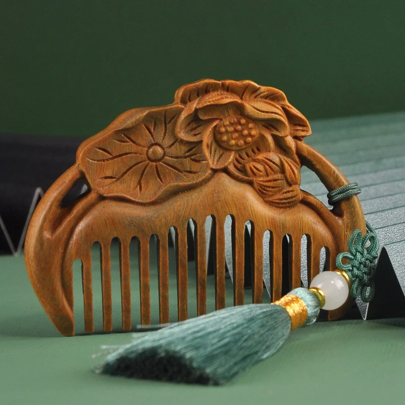 

Massage Hair Combs with Tassels Natural Sandalwood Comb Handmade Decorative Carved Lotus Pattern Hollow Out Wooden Portable