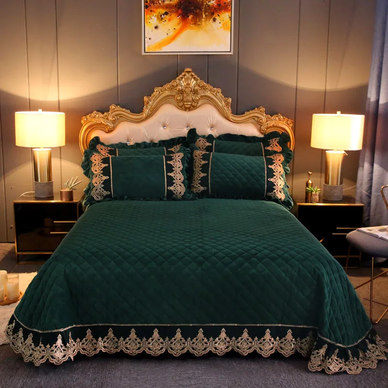 

Luxury Thick Velvet Diamond Quilted Bedspread Embossing Ruffle Lace Bed Spread Quilted Coverlet Set King Queen Size 3/5Pcs
