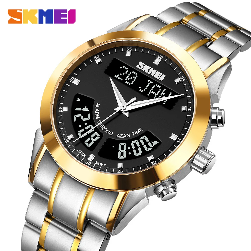 

SKMEI New Muslim Azan Watch Prayer Qibla Compass Adhan Alarm Luxury SKMEI Dual Display Digital Quartz Alarm Hijri Calendar