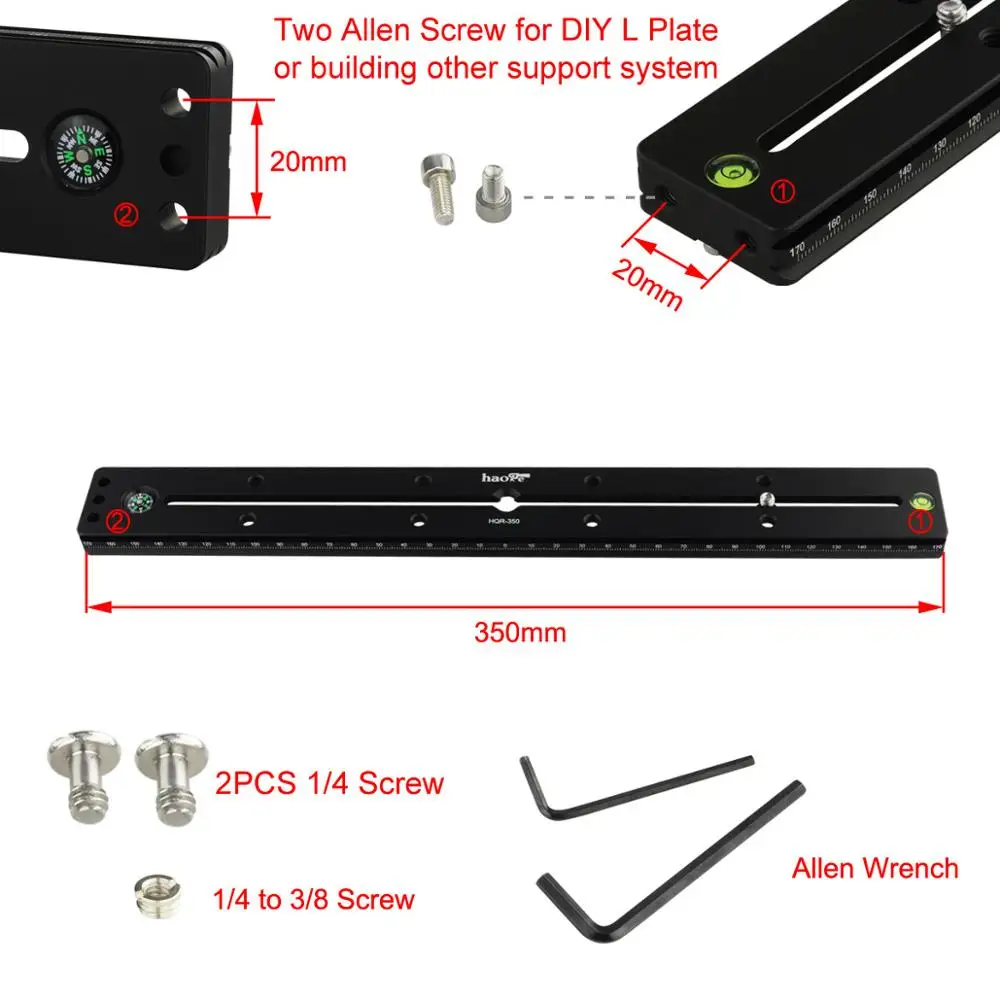 Haoge 350mm Multi-purpose Dual Dovetail Long Quick Release Extender Rail Sliding Plate for Camera Tripod Ballhead Clamp fit Arca