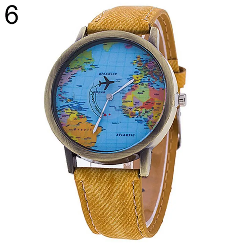 Mini World Quartz Watch para homens e mulheres, mapa unisex, avião, viagem, relógio de pulso de couro, relógio de moda, venda quente