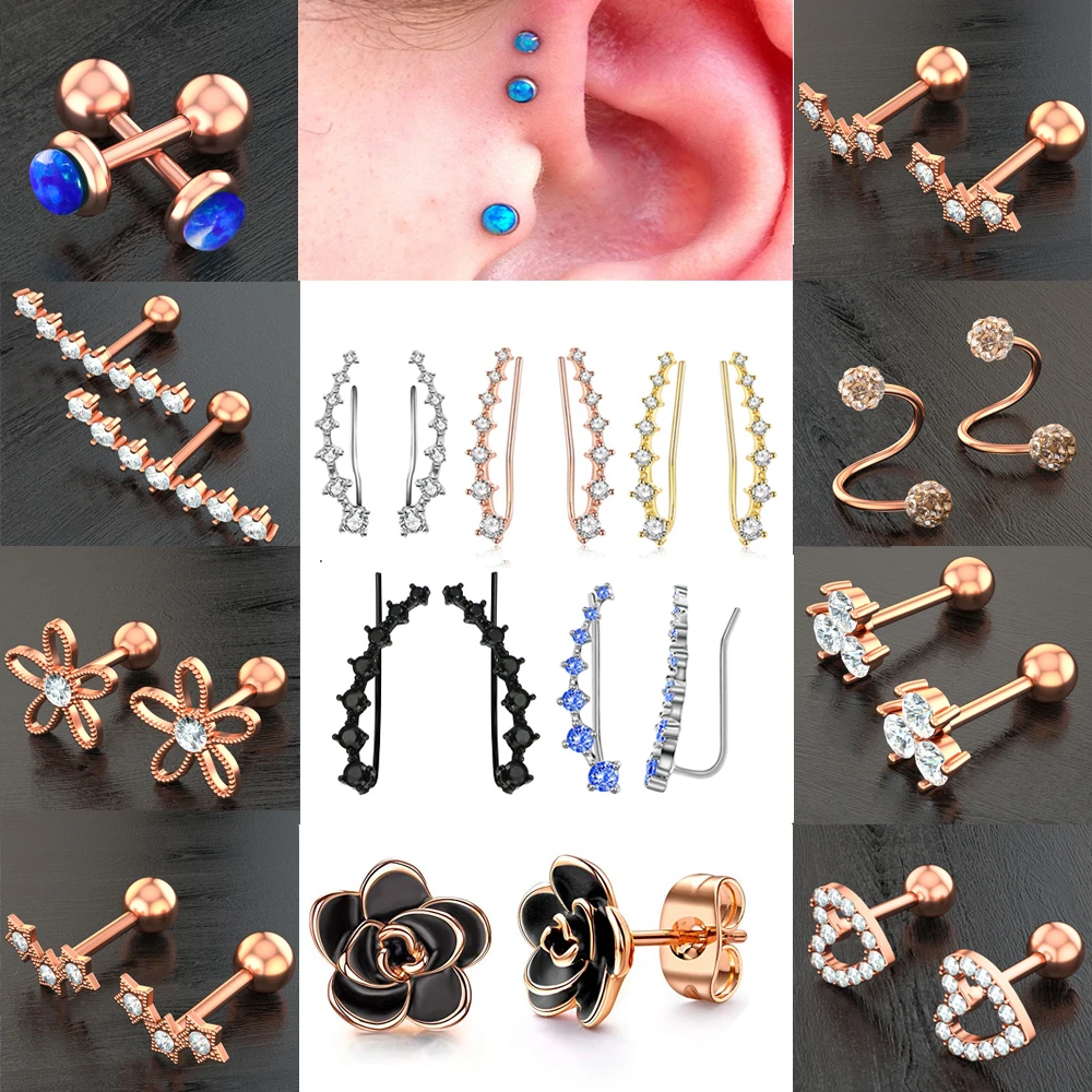 1PC Heart Flower Star Ear Tragus Cartilage Rings Stainless Steel Ear Stud Piercing Jewelry Zircon Helix Earring Ear Crawler