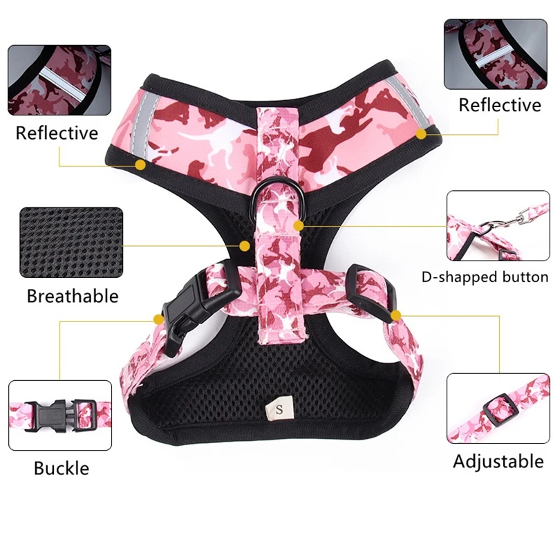 Dogs Harness Vest  Camouflage Pet Chest Strap Leash And Collar Set For Small Medium Dogs Accessories With Poop Bag Dispenser