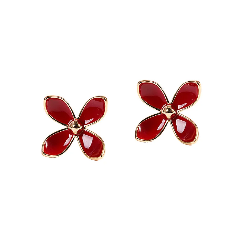 

Real s925 silver gold-plated burgundy drip glaze flower earrings simple temperament women's contrast color earrings