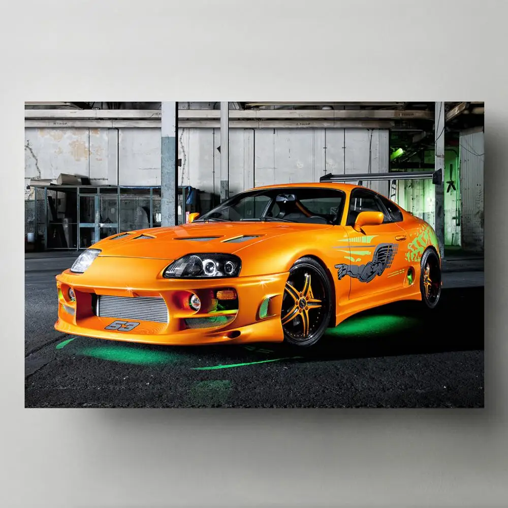 Supercar Posters Toyotas Supra With Green Neon Lights Orange Car Picture Canvas Painting Wall Art Prints Home Room Decorations