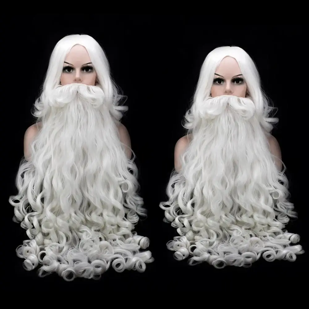 Behogar 2pc Christmas Santa Claus White Curly Beard Wig Set for Fancy Dress Cosplay Party Accessories