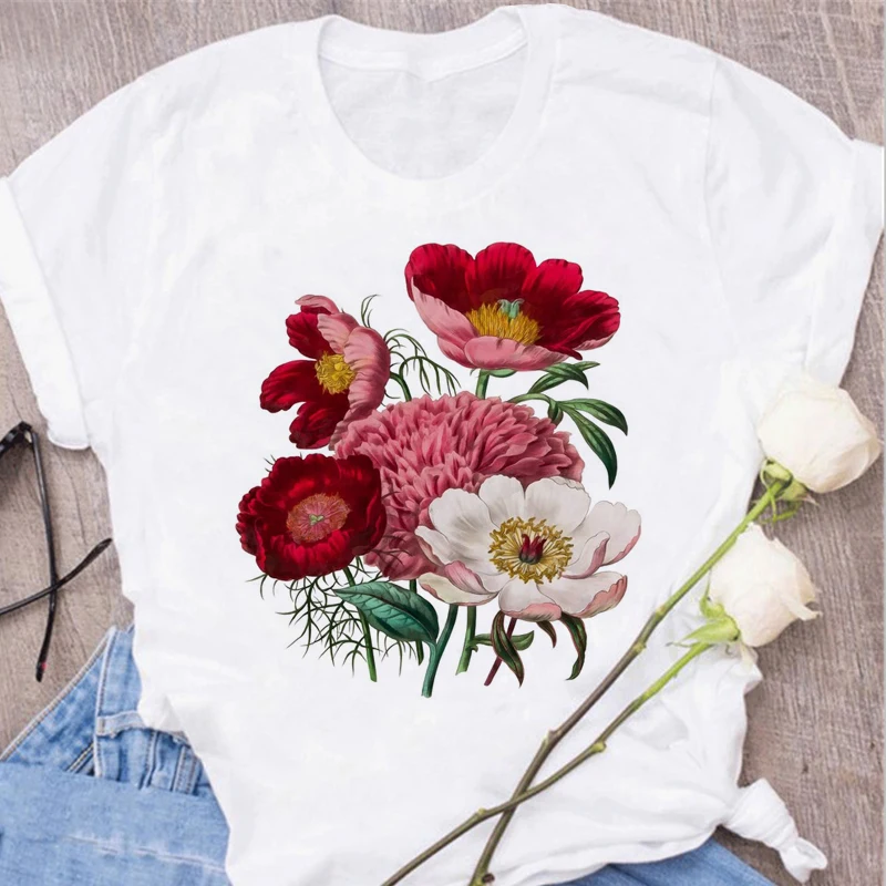 Women\'s Tops Fashion Flower Floral Print Lady T-shirt Casual Short Sleeve Aesthetic Clothes Shirt T-shirts Female Tops Tees