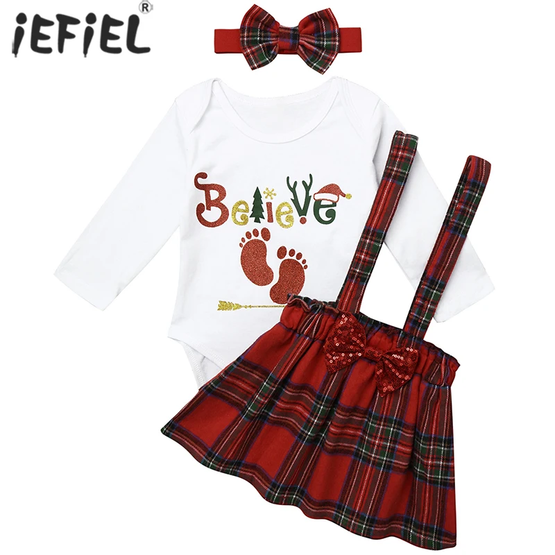 

Newborn Baby Girl Clothes Set Letter Printing Bodysuit Romper Jumpsuit Tops T Shirt Plaid Suspender Skirts Bow Headband Outfit