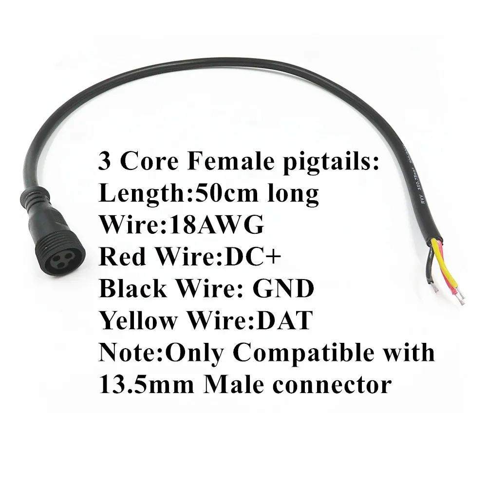 female connector 3 Core BLACK Waterproof;18AWG 50cm long ;female only;13.5mm/18.5mm/xconnect