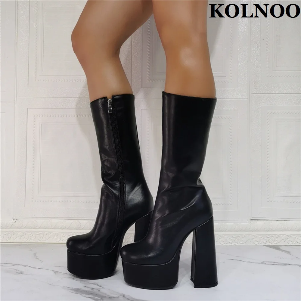 

Kolnoo New 2022 Classic Women Chunky Heel Midcalf Boots Sexy Platform Faux Leather Half Booties Evening Club Fashion Black Shoes