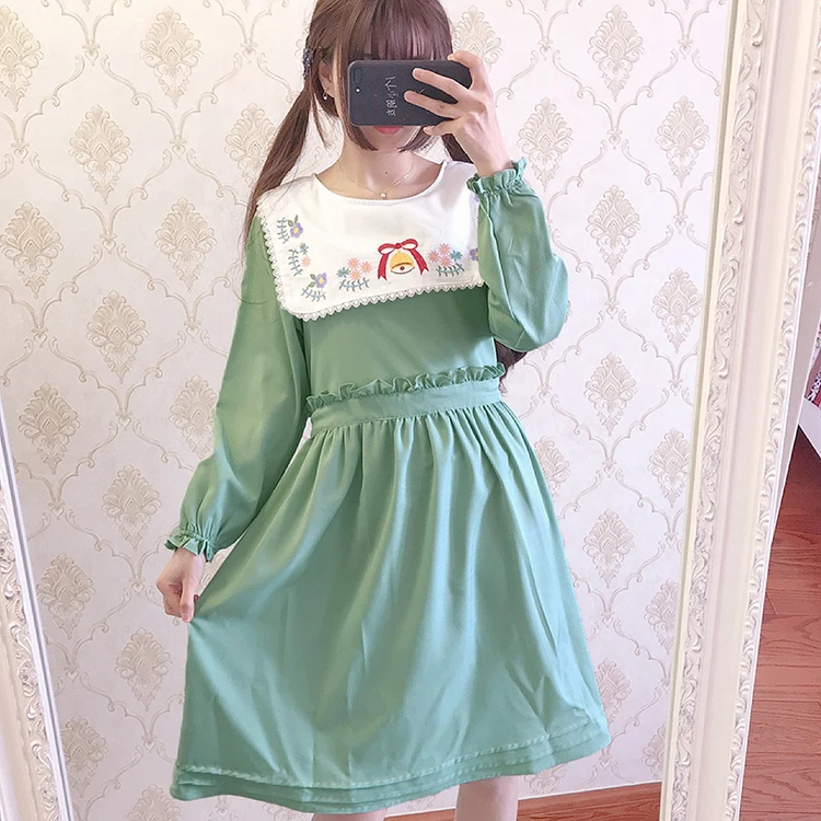 Mori weiche mädchen frische süße spitze bowknot bestickt quadrat kragen pilz hohe taille langarm kleid viktorianischen kleid kawaii