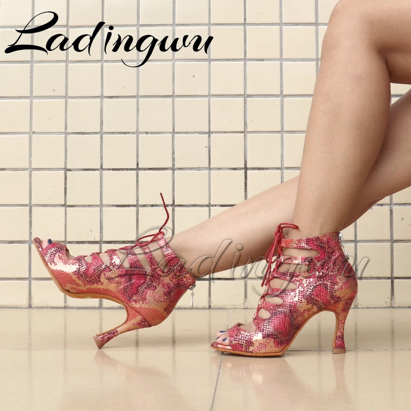 Ladingwu Latin Boots Soft Bottom Dance Shoes Zipper Women\'s sandals Latin Salsa Dance Shoes Blue/Red Snake texture Suede Boots