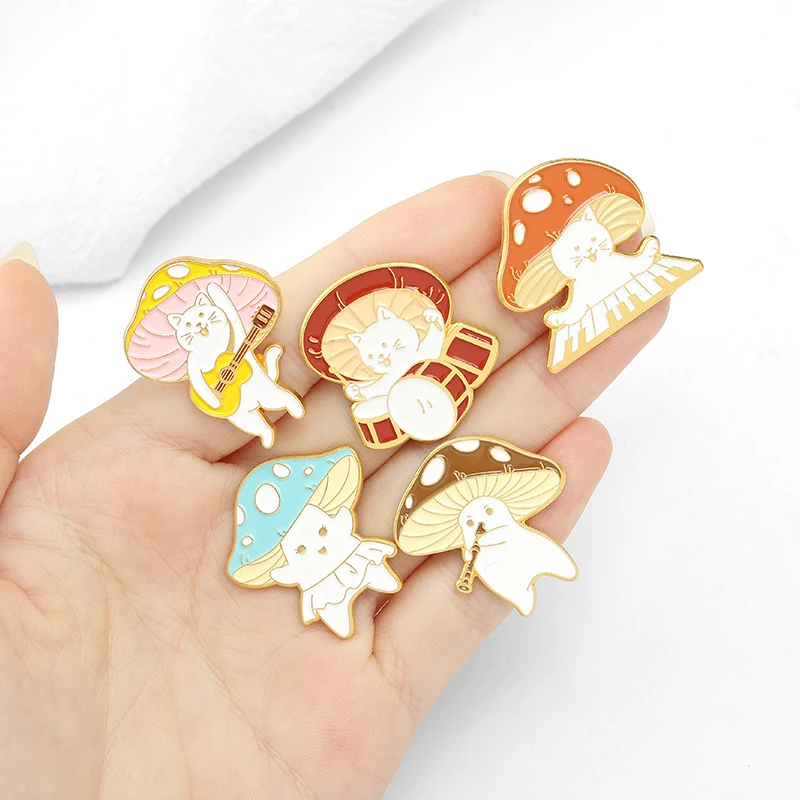 Mushroom Band Theme Party Enamel Pins Cute Plant Brooches For Kid Women Cartoons Lapel Pin Musical Instrument Badge Jewelry Gift