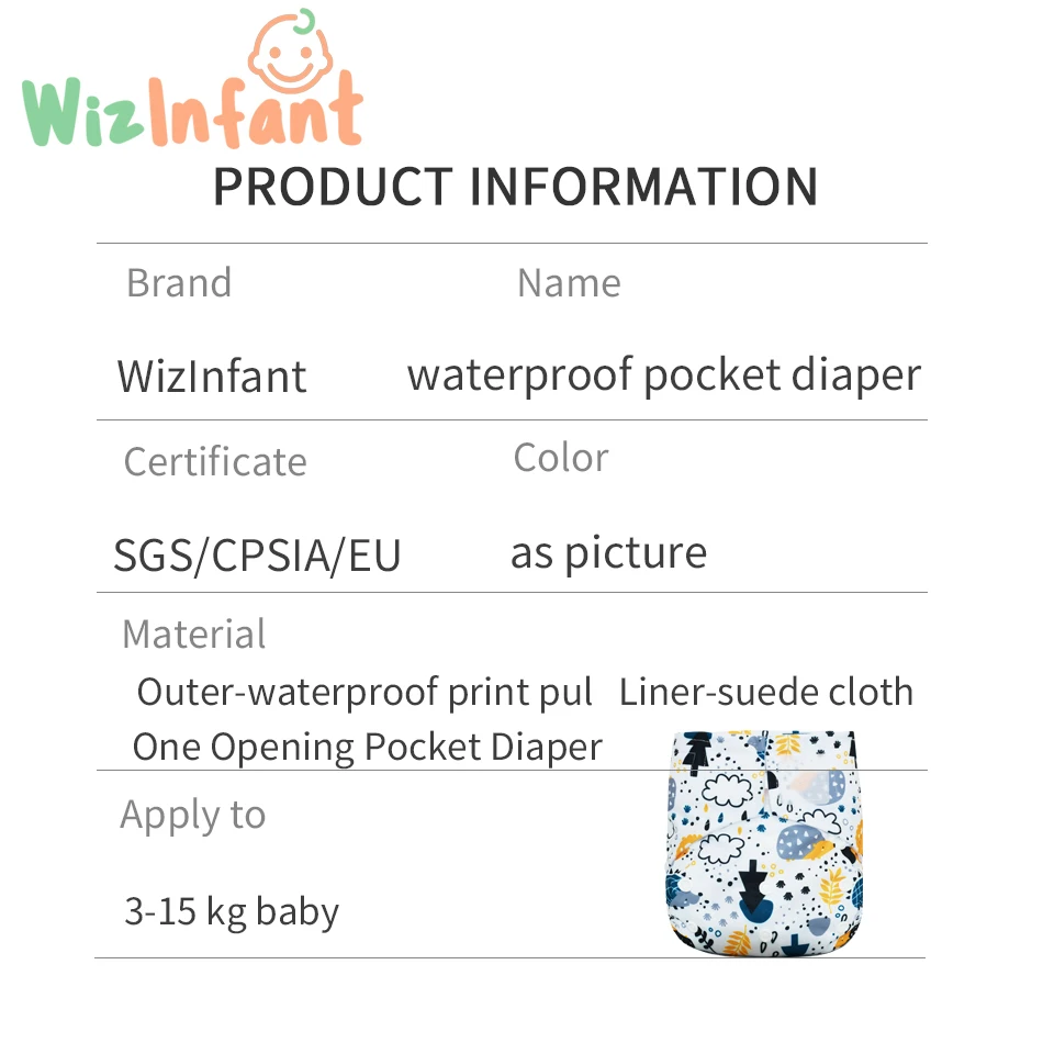 12pcs WizInfant  Wholesale Pocket Cloth Diaper  Stay-Dry Suede Cloth  Waterproof & Breathable Fits Babies  Ecological Diapers