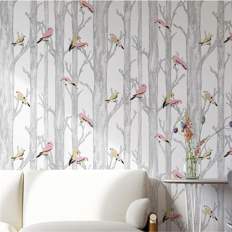 wellyu Nordic flowers and birds birch forest wallpaper modern minimalist non-woven light luxury living room background wallpaper