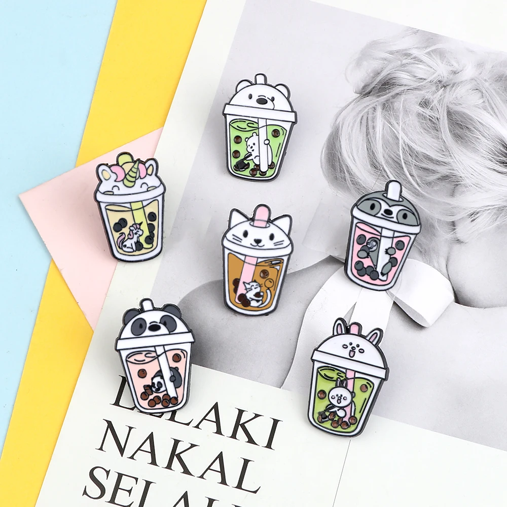 Funny Panda Bear Milk Tea Enamel Pins Badges Bubble Tea Cartoon Animals Cool Brooches Bag Clothes Lapel Jewelry Gift For Friends