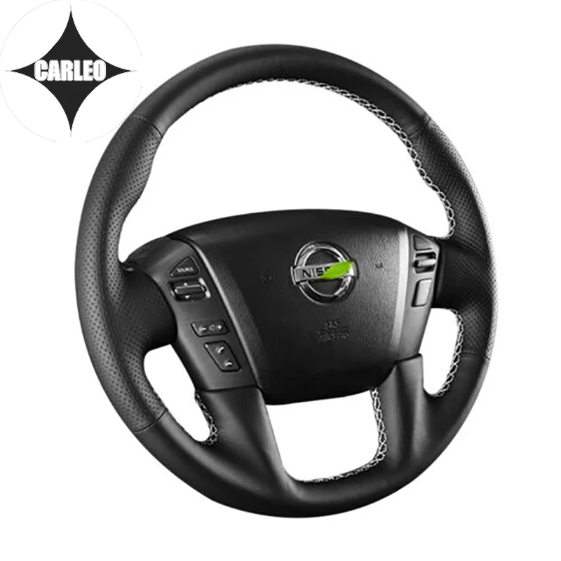 DIY Car Steering Wheel Cover for Nissan Armada Genuine Black Leather White Thread Custom Hand Stitching Holder Top Layer Wrap