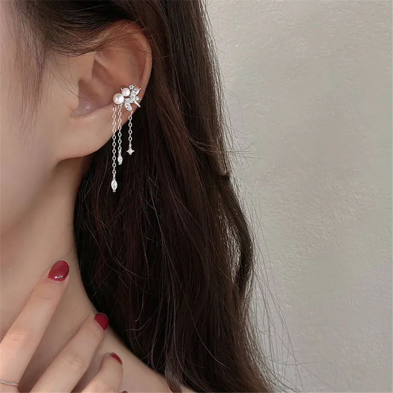 1 Pcs 925 Sterling Silver No-piecing Zircon Tassel Bead Pearl Clip Earring For Women Girl Ear Cuff Jewelry Brincos Bijoux Femme