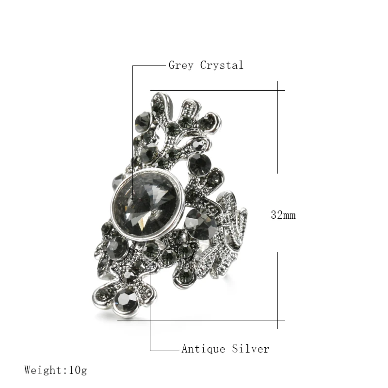 Wbmqda 2022 New Fashion Boho Grey Crystal Ring For Women Antique Silver Color Bright Black Crystal Vintage Wedding Ring