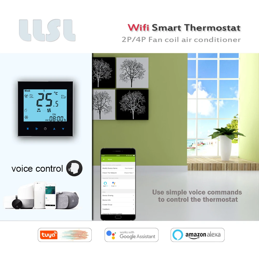 Termostato da bobina do fã do termostato 2p 4p de 24vac 95-240vac tuya wifi, trabalha com alexa casa do google