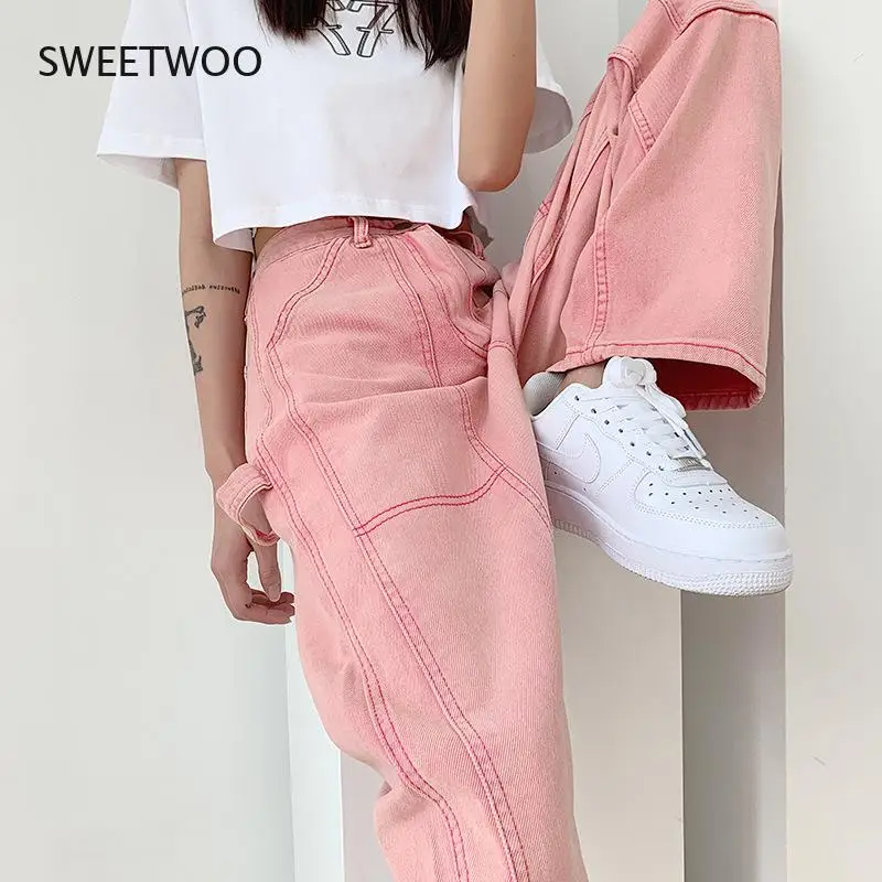 

Pink Jeans Women's Summer 2021 Korean Version of The Retro High-Waisted Thin Loose Casual Straight Wide-Leg Long Pants