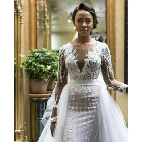 Robe de mariée de forme sirène, tenue de luxe, avec traîne détachable, manches longues, fermeture éclair