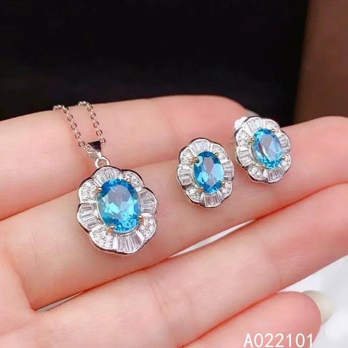 

KJJEAXCMY fine Jewelry 925 sterling silver inlaid natural blue topaz new luxury pendant earring set support test Chinese style