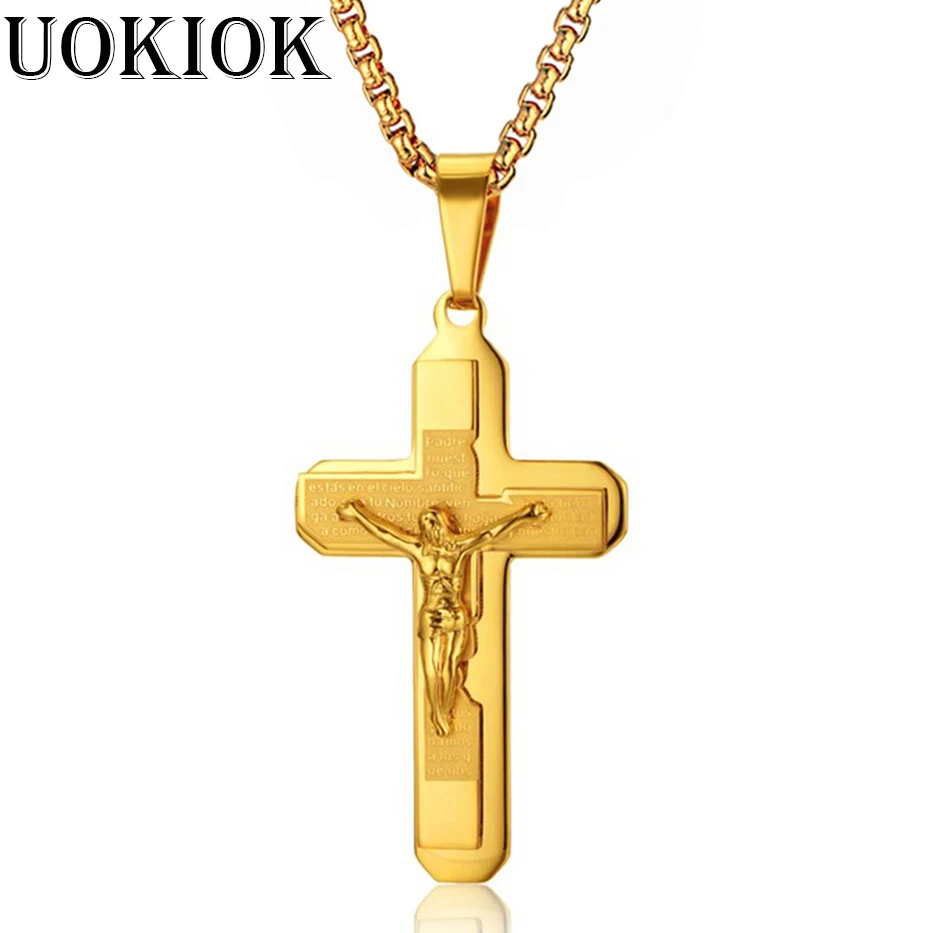 Gold Color Christian Stainless Steel Pendant Necklace for Men Women Fashion Jewelry Crucifix Jesus Cross Chain