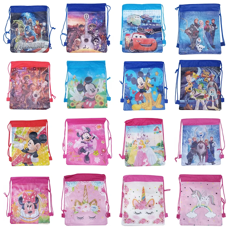 

12pcs Disney Frozen Cars Minnie Mickey Mouse Avengers Toy Story Princess Non-woven Fabrics Drawstring Backpack Shopping bag