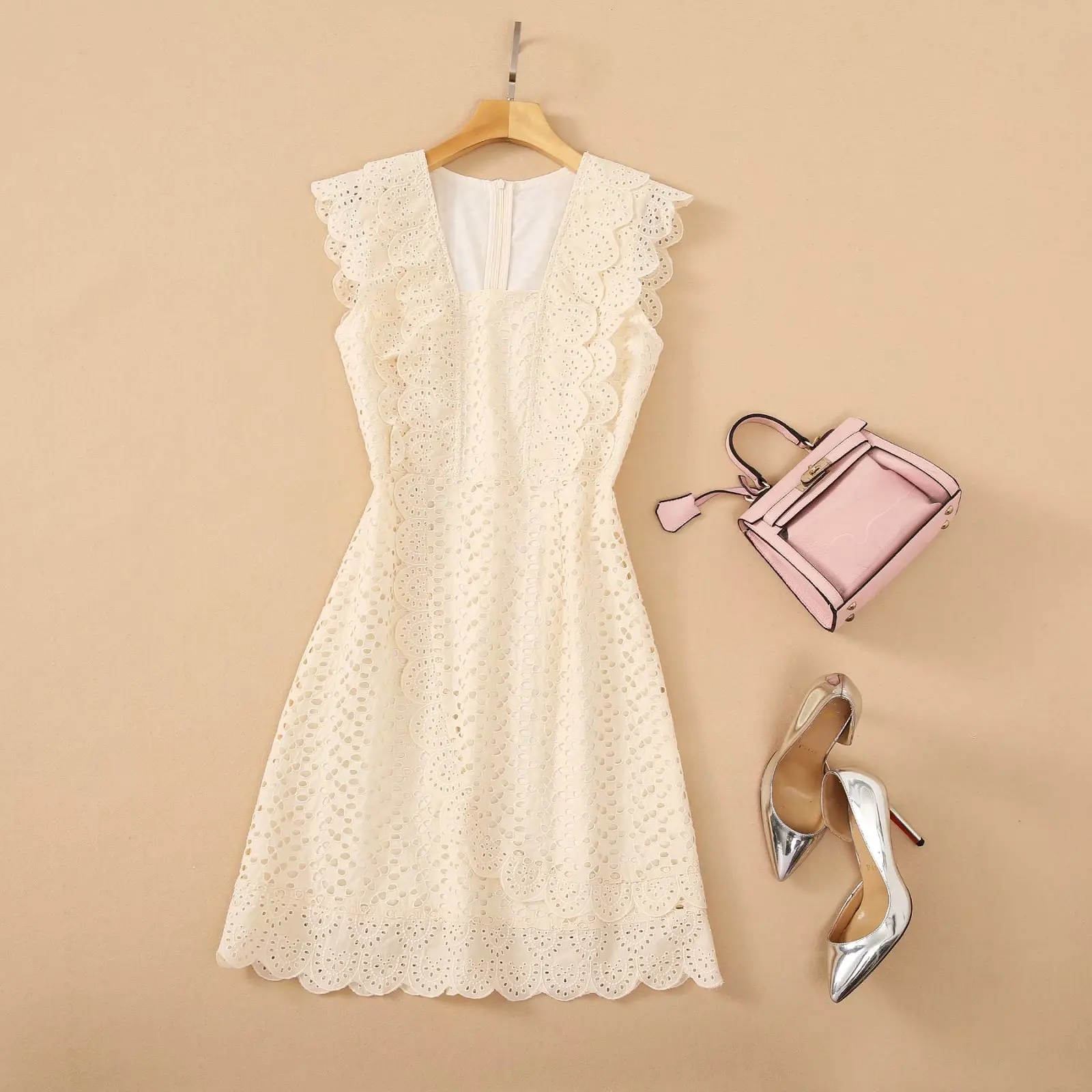 

High Quality Nice Spring Summer Square Hollow Out Embroidery Cotton Dress
