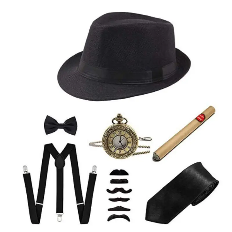 6 Cái/bộ Nam Đảng Đạo Cụ 1920 Chủ Đề Cosplay Diễn Sân Khấu Gatsby Mũ Nồi Xì Gà Đồng Hồ Suspender Phối Trang Phục Phụ Kiện Bộ