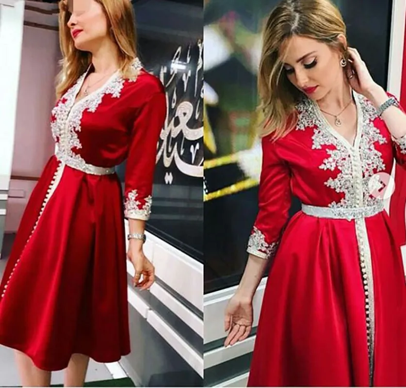 Dark Red Short Moroccan Caftan V Neck Formal Evening Dress Lace Knee Length Women Prom Party Gown Robe De Soiree