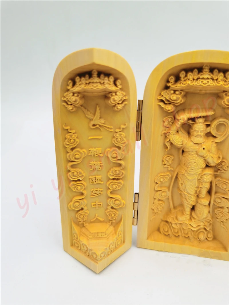 Boxwood Carving Wang Lingguan, Three Open Statues, Taoist Dharma altar supplies, Sacrifice ornaments