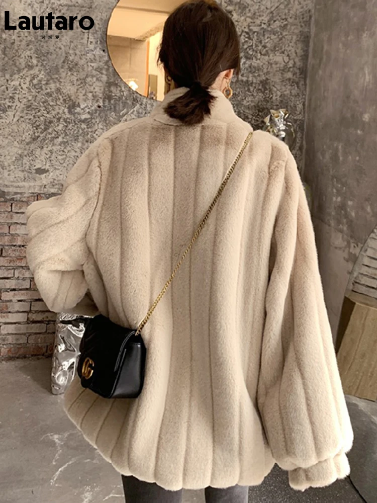 Lautaro Winter Warm Soft Thick Faux Fur Coat Women with Vertical Stripes Raglan Long Sleeve Casual Stylish Fluffy Jacket 2022