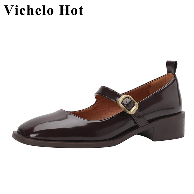 

Vichelo Hot 2024 Big Size 43 Classic Leather Shoes Buckle Straps Square Toe Med Heels Full Grain Leather Spring Women Pumps L21