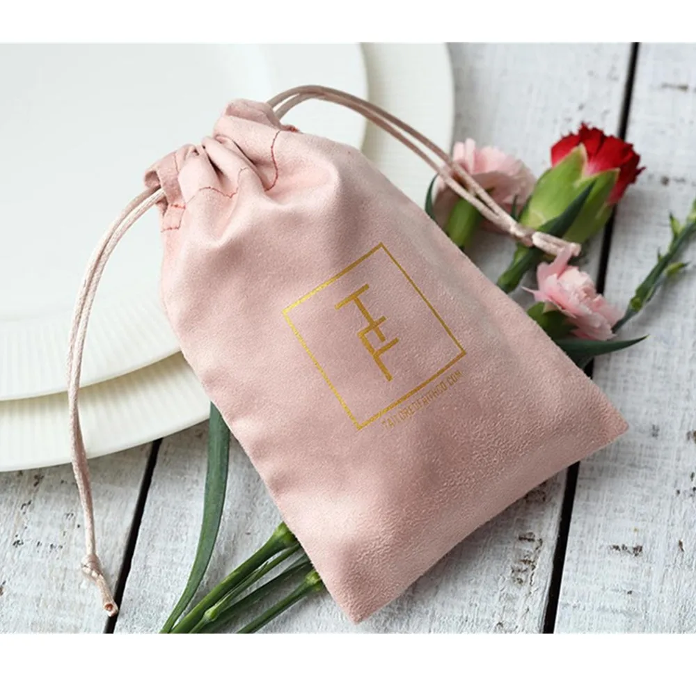 

personalized 50 logo print drawstring bags custom jewelry packaging bags pouches chic wedding pink flannel favor cosmetic bags