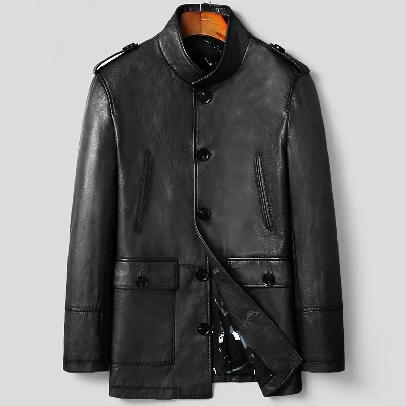 Business Casual Vintage Mens Genuine Leather Long Coat High Quality Long Sleeve Stand Collar Oil Wax Leather Jacket Windbreakers