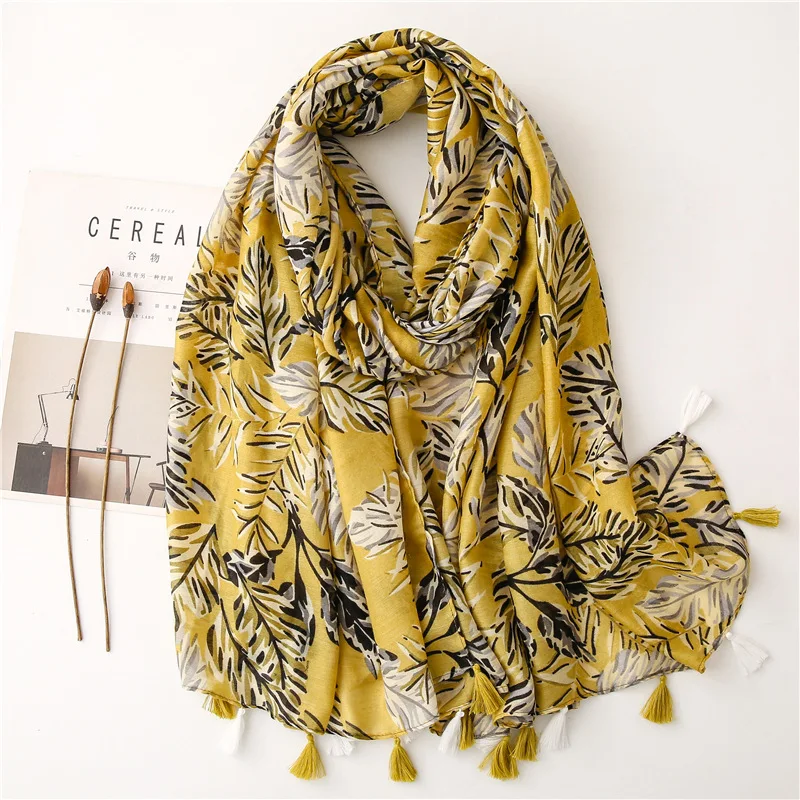 

2021 New Cotton Ombre Leaf Print Tassel Scarves Shawls Long Beautiful Beach Muffler Wrap Hijab Free Shipping