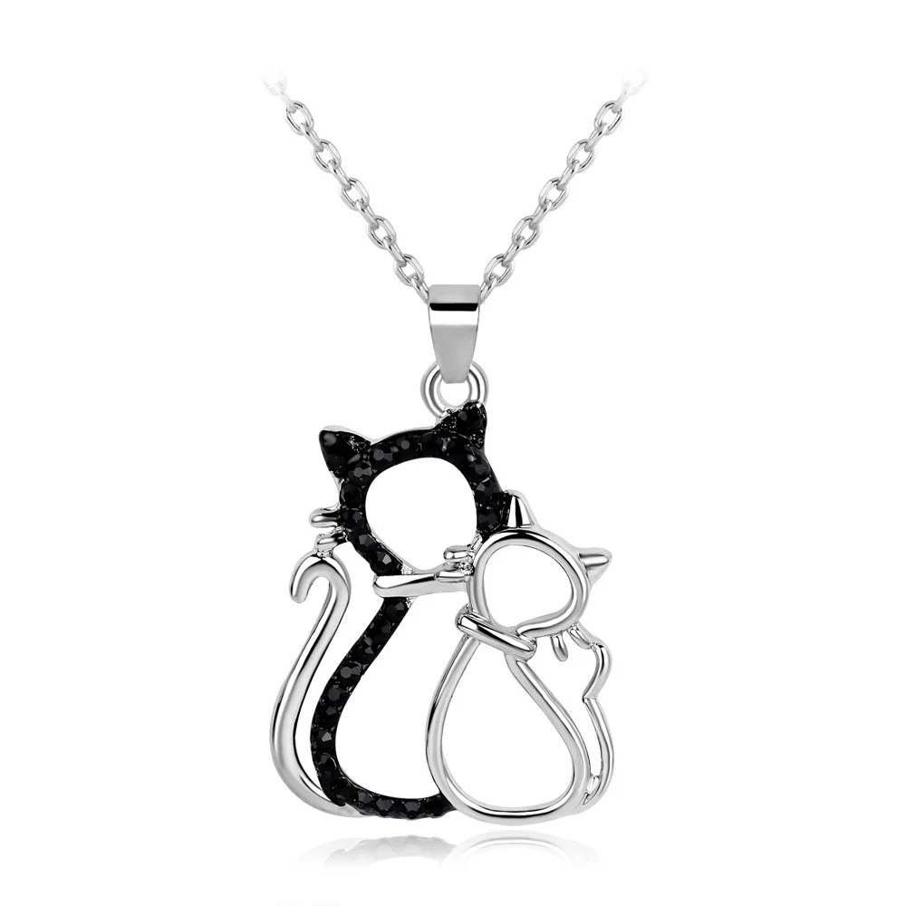 Exquisite Silver Plated Cat Necklace Cute Black Zircon Kitten Pendant Necklace Sweet Girls Daily Long Chain Women Jewelry Gifts