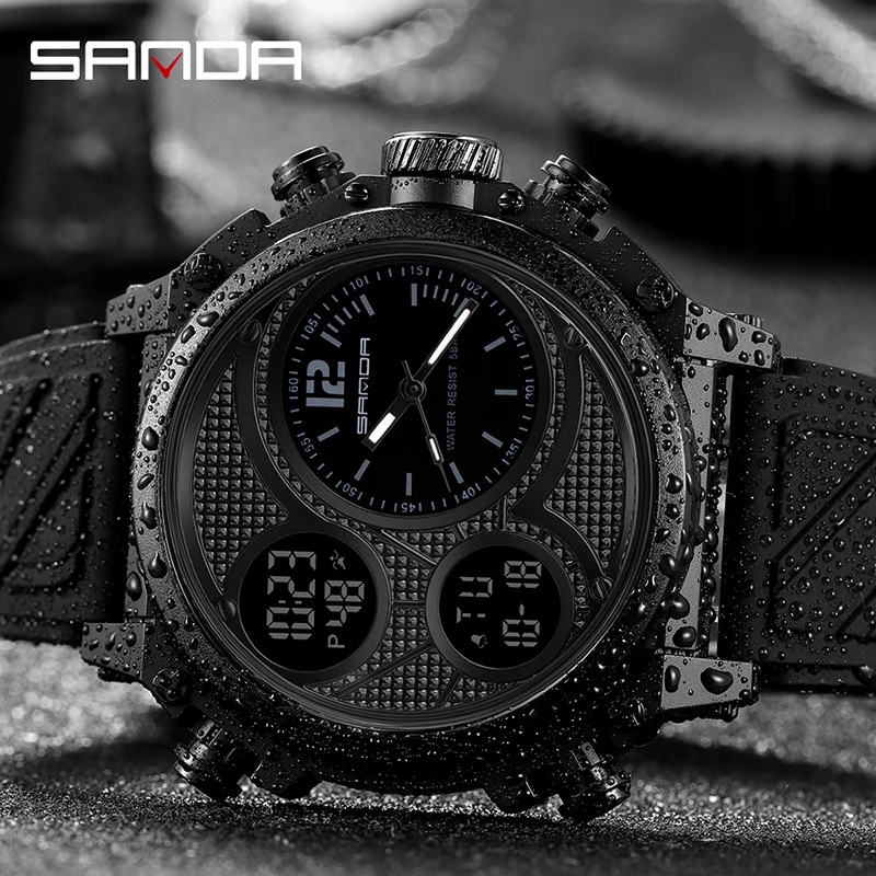 SANDA Three Time Display Quartz Watch for Men LED Sport Digital Watches 50m Waterproof ElectronicWristwatch Alarm Clock Relogio