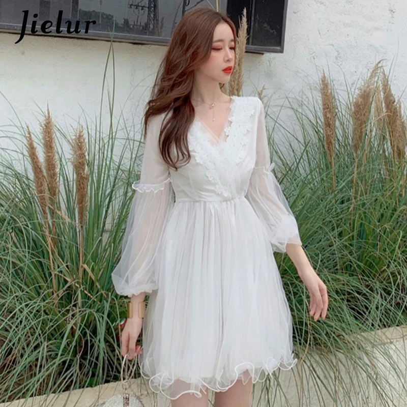 Jielur Mesh V-neck Women Tutu Dress Charming Summer Korean Embroidery White Dresses Pleated Ruffles Sexy Vintage Roupas Feminina