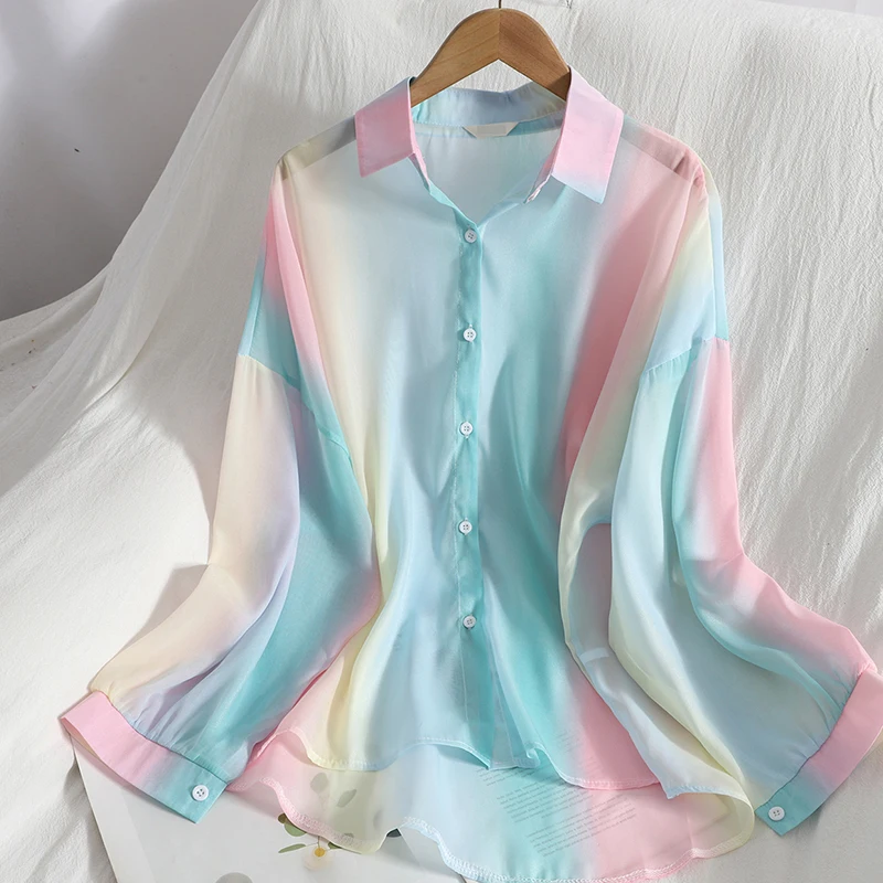 Shirts Women Colorful Striped Summer Soft Chiffon Sun-proof Korean Style College Ladies Fashion Beach Design Loose Outdoor Ins