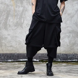 Men's nine split pants Spring/summer yamamoto style men's loose wide leg pants fake two skirt pants big pocket trend