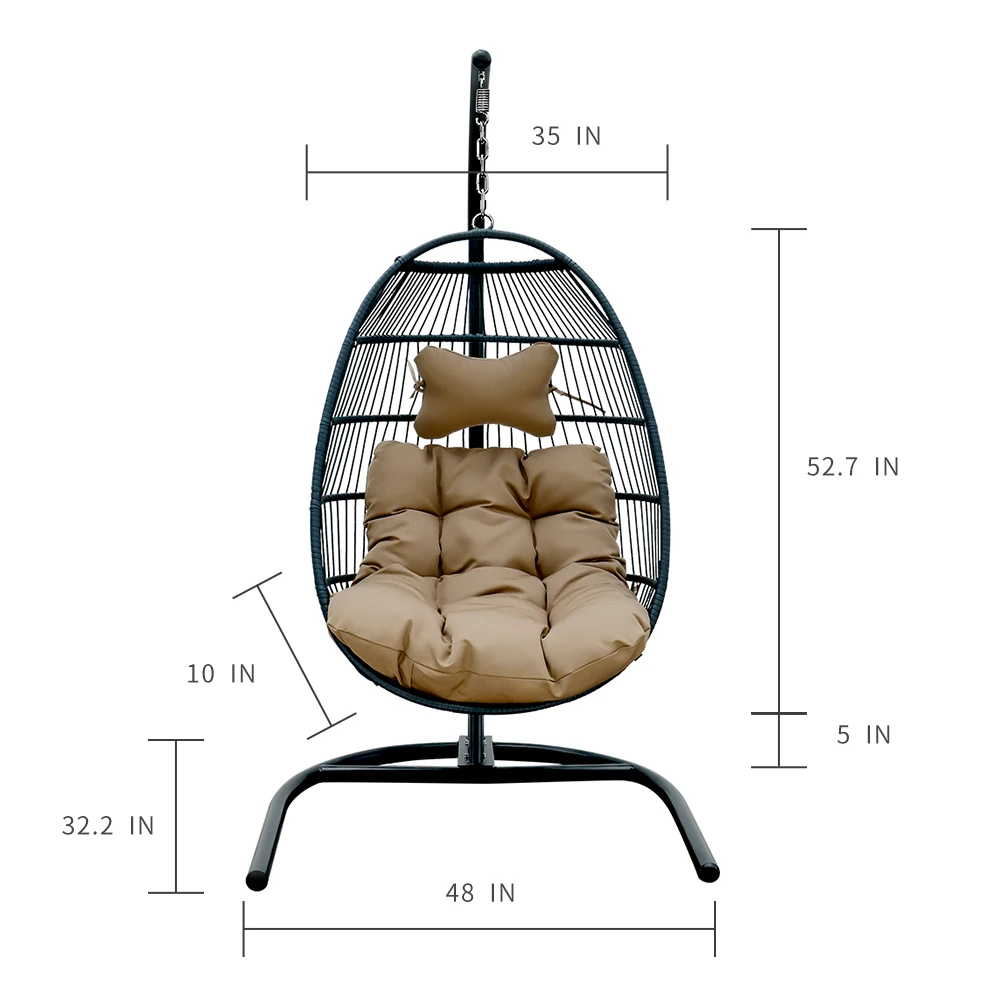 Hanging Egg Chair Swing with Stand Rattan Effect Four Corners Single Foldable Khaki for Patio Deck Garden Yard Backyard Porch