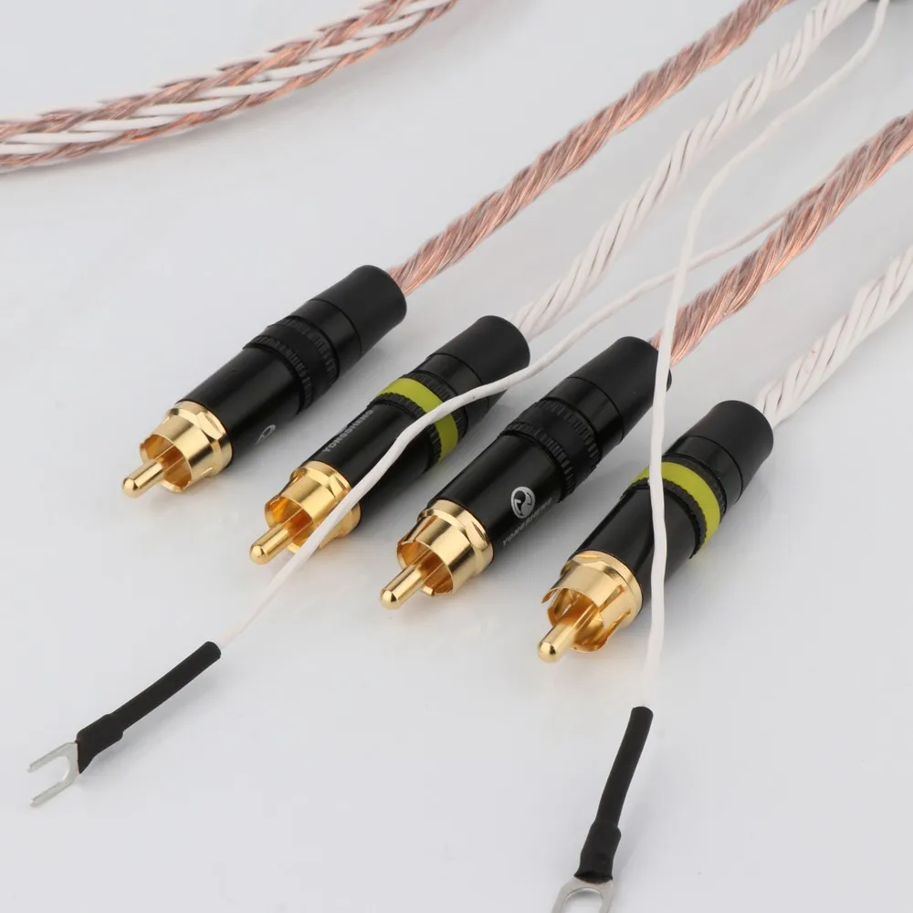 Wysoka czystość 8TC OCC 2RCA do 2RCA uziemienie Y wtyczka LP Audio Phono Tonearm kabel z przewód uziemienia kabel do telefonu linia Audio